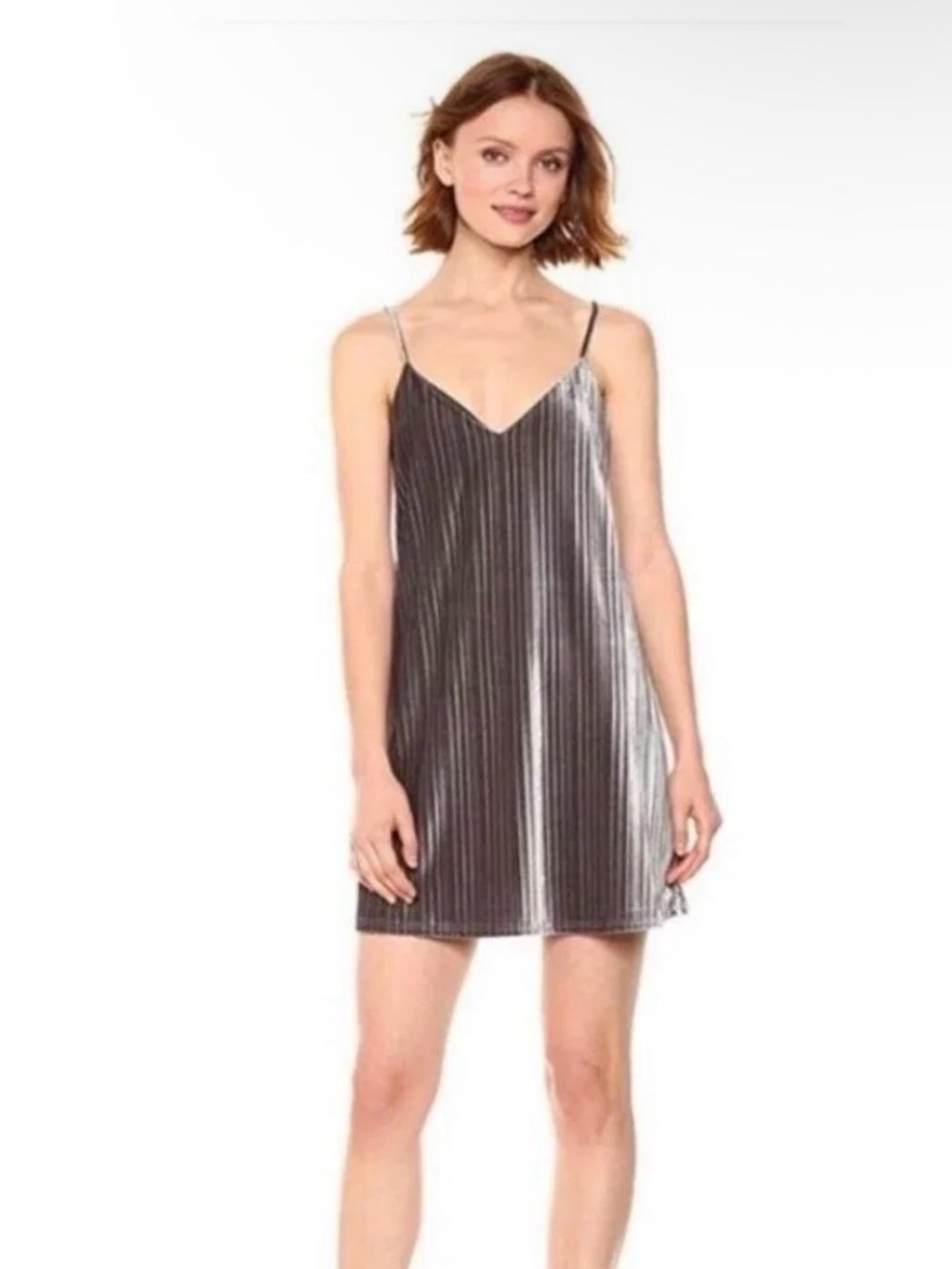 NWT Jack by BB Dakota Silver Metallic Pleated V Neck Swing Dress SzM Y2K Glam